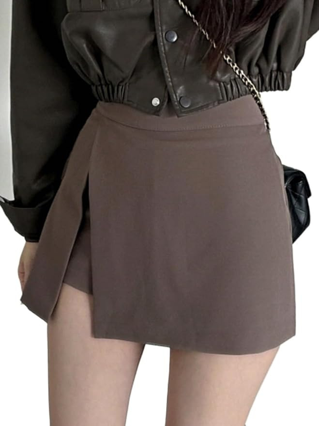 Solid Color Side Slit Casual Skorts Wrap Fall Womens Short Pants | Amazon (US)