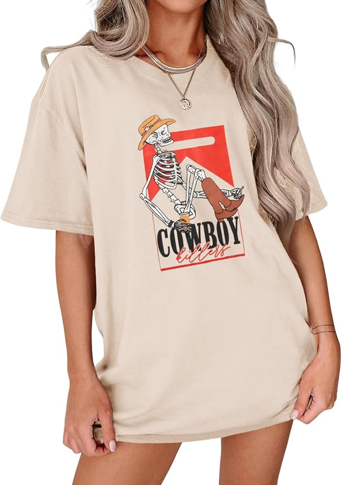 Women Western Country Tshirt Vintage Cowboy Killer Skeleton Graphic Shirts Casual Short Sleeve Ov... | Amazon (US)