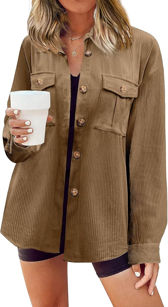 Beyove Women's Corduroy Shirt Long Sleeve Button Down Shacket Jacket Casual Oversized top with Po... | Amazon (US)