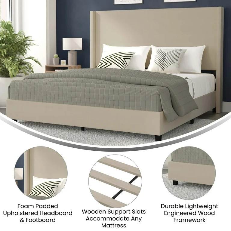 Merrick Lane Modern King Size Platform Bed Frame with Padded Faux Linen Upholstered Wingback Head... | Walmart (US)
