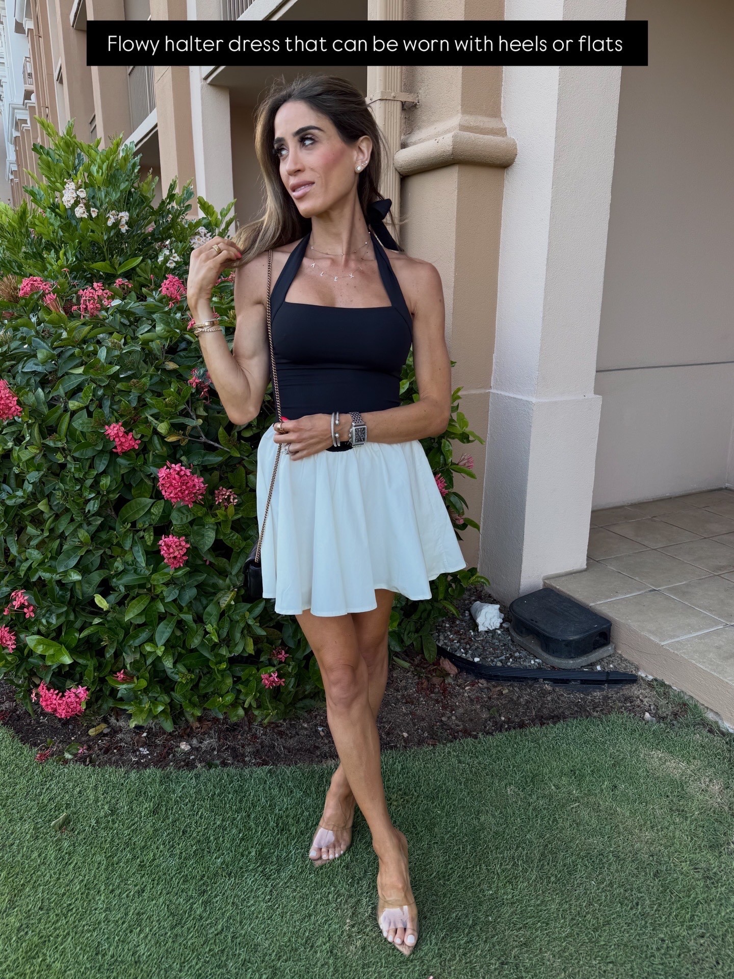 Halter black and off white dress petite friendly 

#LTKPetite