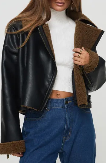 Princess Polly Faux Leather Crop Jacket with Faux Shearling Trim | Nordstrom | Nordstrom