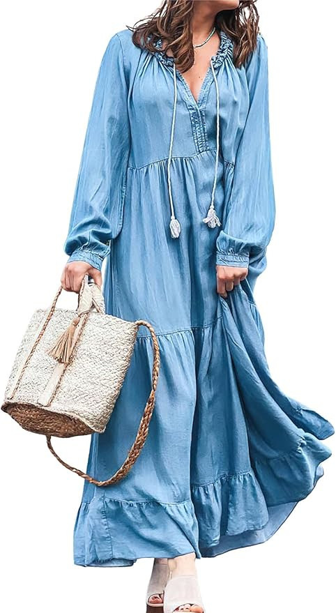 chouyatou Women's Spring Long Sleeeve Tiered Denim Dress Summer Flowy A-Line Maxi Long Tunic Dres... | Amazon (US)