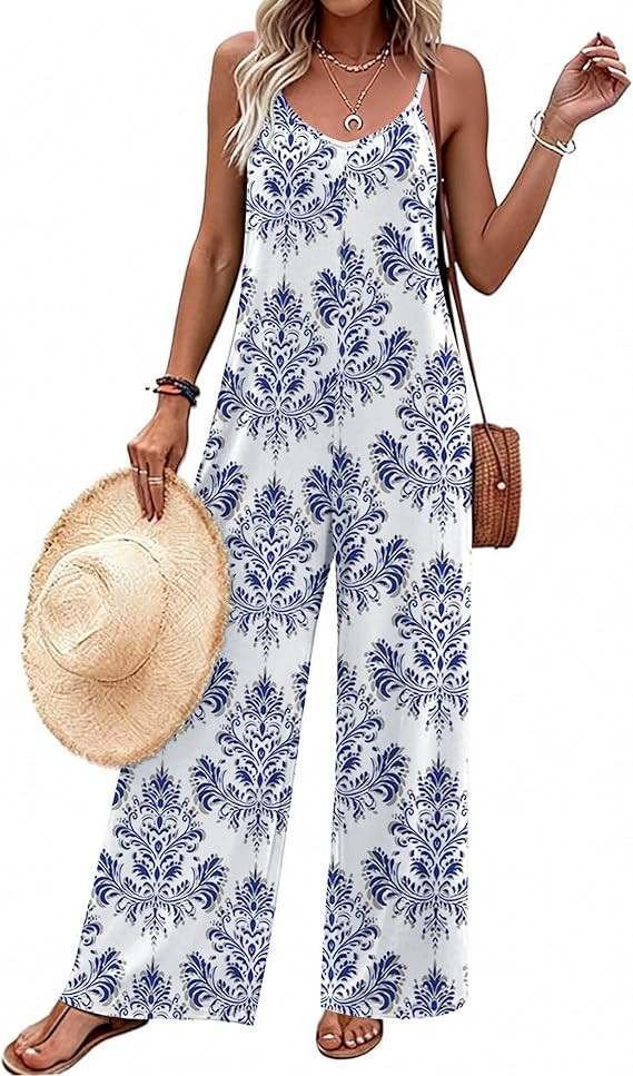 Ekouaer Women Jumpsuits Casual Boho Overalls Sleeveless Spaghetti Strap Long Pants Romper with Po... | Amazon (US)