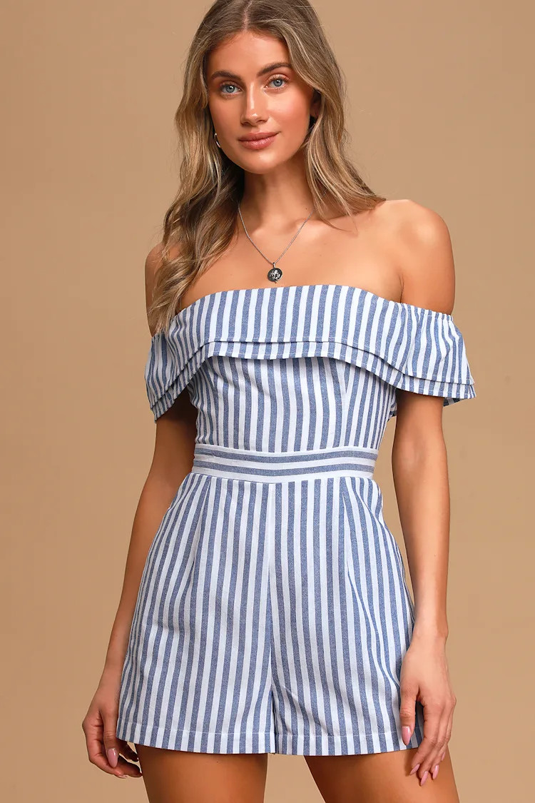 Nautical You Mine Blue Striped Off-the-Shoulder Romper | Lulus (US)