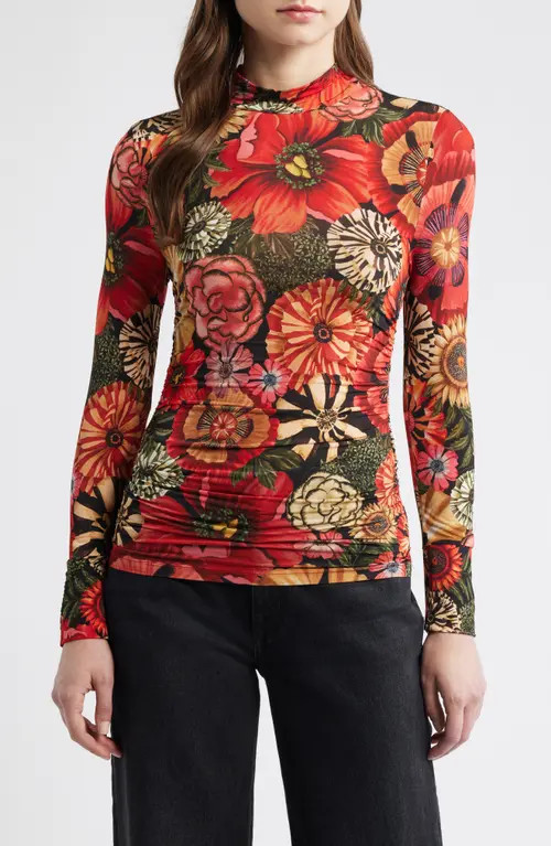 FARM Rio Flowershop Long Sleeve Mock Neck Jersey Top in Black at Nordstrom, Size Large | Nordstrom