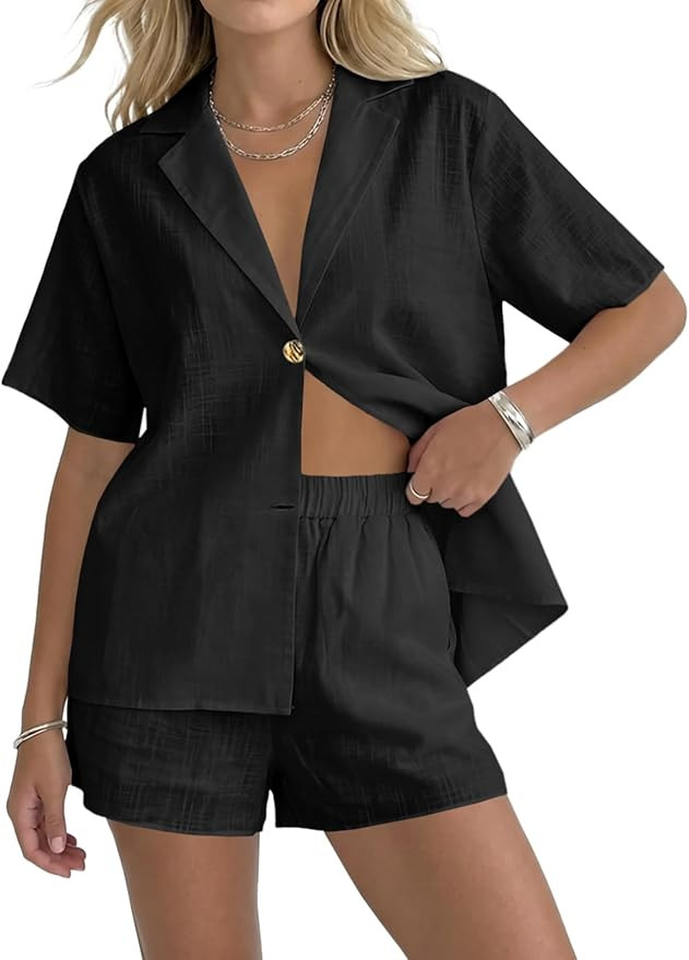 Fisoew Womens 2 Piece Sets Summer Button Down Collared Shirt Shorts Sets Beach Vacation Outfits C... | Amazon (US)