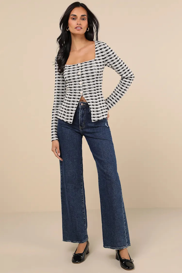 Curated Look Black and Ivory Plaid Long Sleeve Top | Lulus