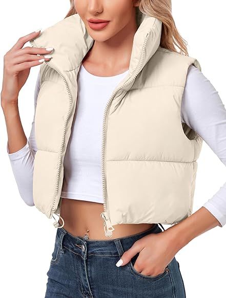 Polu Women's Cropped Puffer Vest Jacket Sleeveless Winter High Stand Collar Lightweight Vest for ... | Amazon (US)