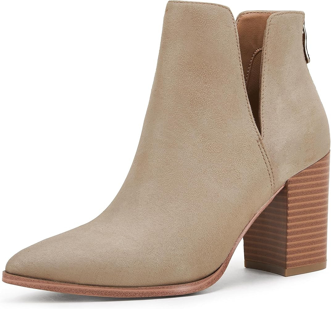 Women's Ankle Boots Slip on Cutout Pointed Toe Fall Winter Chunky Stacked Mid Heel Booties | Amazon (US)