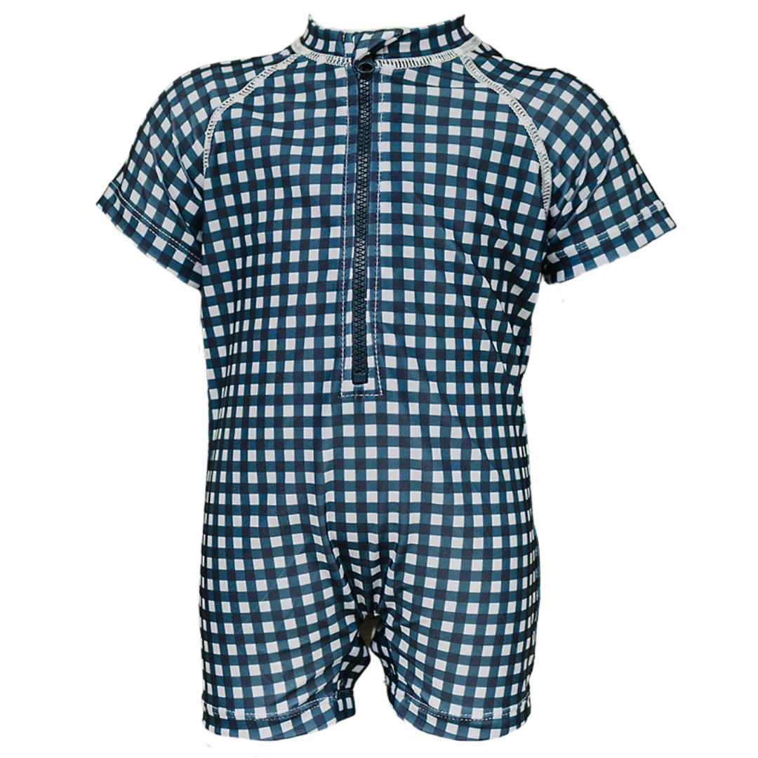 Navy Gingham Zipper Swimsuit 6-12 | Mebie Baby