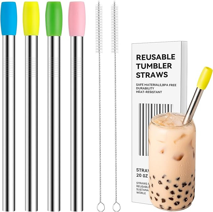 9.5＂ Reusable Straight Boba Straws - 4 Pack, 0.47＂ (12mm) Stainless Steel Straws with 2 Brush... | Amazon (US)