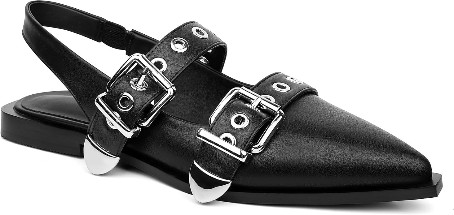 Ballet Flats for Women Slingback Flats Low Heel Pointed Toe Studded Adjustable Buckle Straps Casu... | Amazon (US)