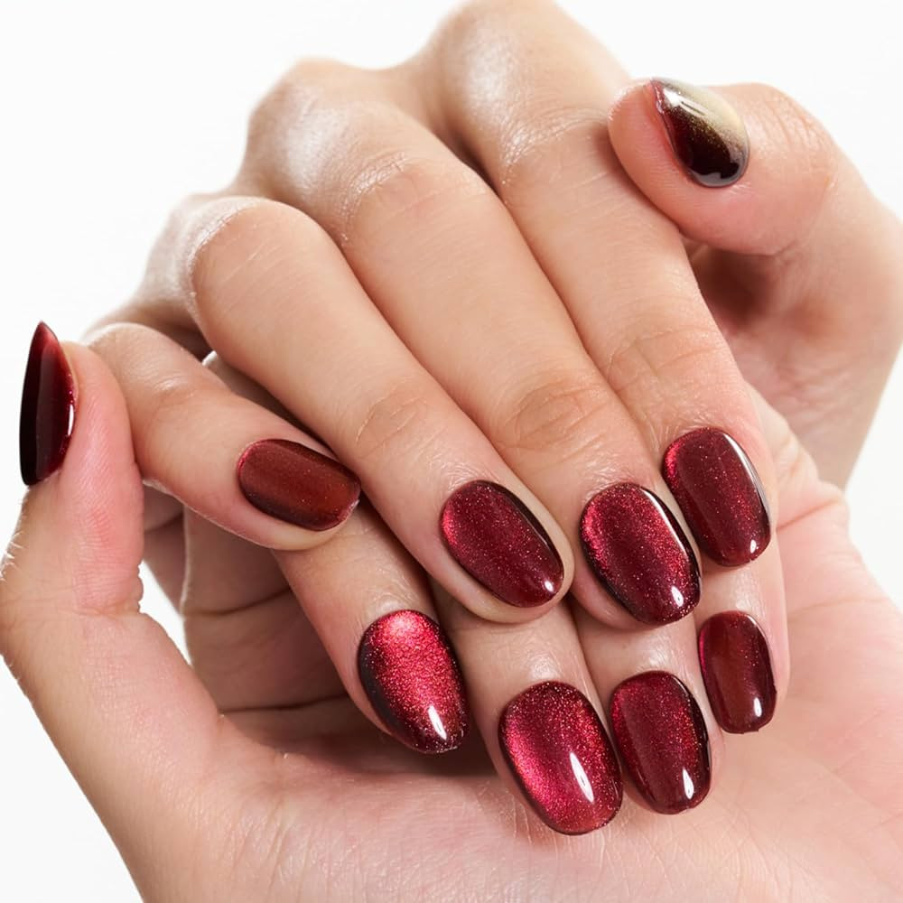 GLAMERMAID Press on Nails Short Oval, Fall Christmas Handmade Red Cat Eyes Gel Nails Polish Glue ... | Amazon (US)