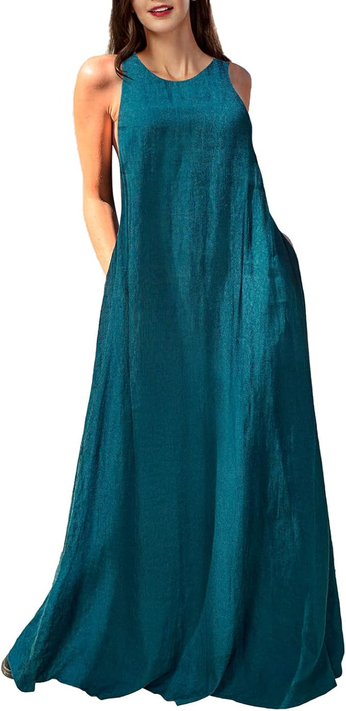 Women's Sleeveless Linen Maxi Dress Casual Long Dresses with Pockets | Amazon (US)