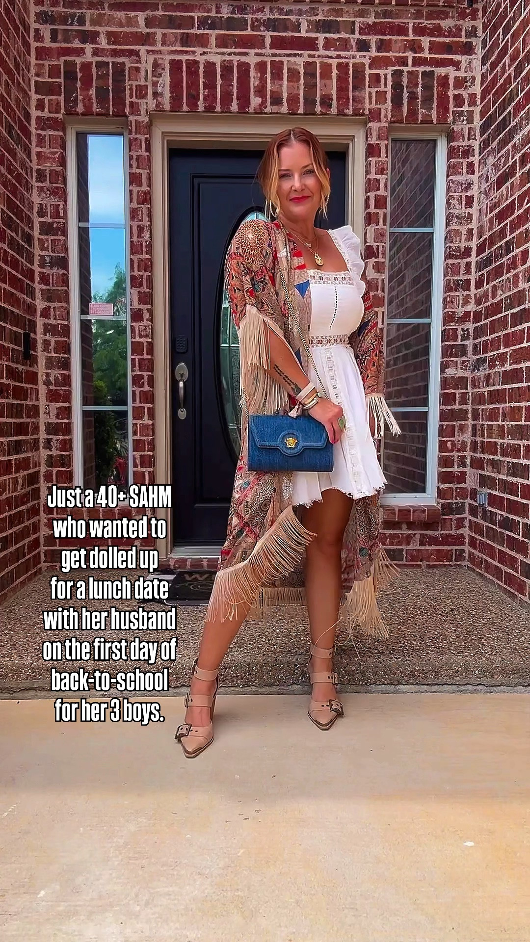 $14.99 Amazon fringe kimono 🤩 + sunnies + shoes linked—dress is 6 year old Free People and still one I reach for every summer. 🤍

#LTKFindsUnder50 #LTKShoeCrush #LTKOver40