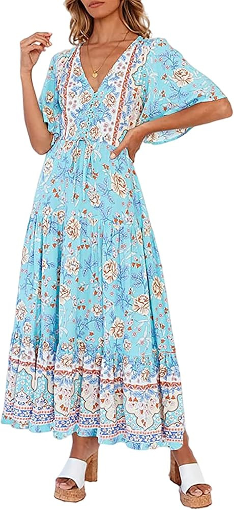 R.Vivimos Womens Summer Floral Print Cotton Short Sleeve Flowy Dress | Amazon (US)