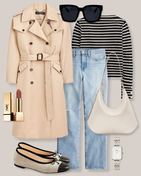 Trench coat
Black and white striped top
Light wash jeans
White bag
Pink lipstick
Cap toe flats
Gold and silver watch 
Smart casual outfit
Spring outfit
J.Crew outfit

#LTKfindsunder100 #LTKSeasonal #LTKstyletip