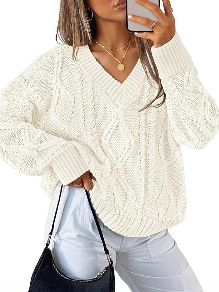ZESICA Women's Fall Oversized Sweaters 2025 Casual Long Sleeve V Neck Cable Knit Trendy Pullover ... | Amazon (US)