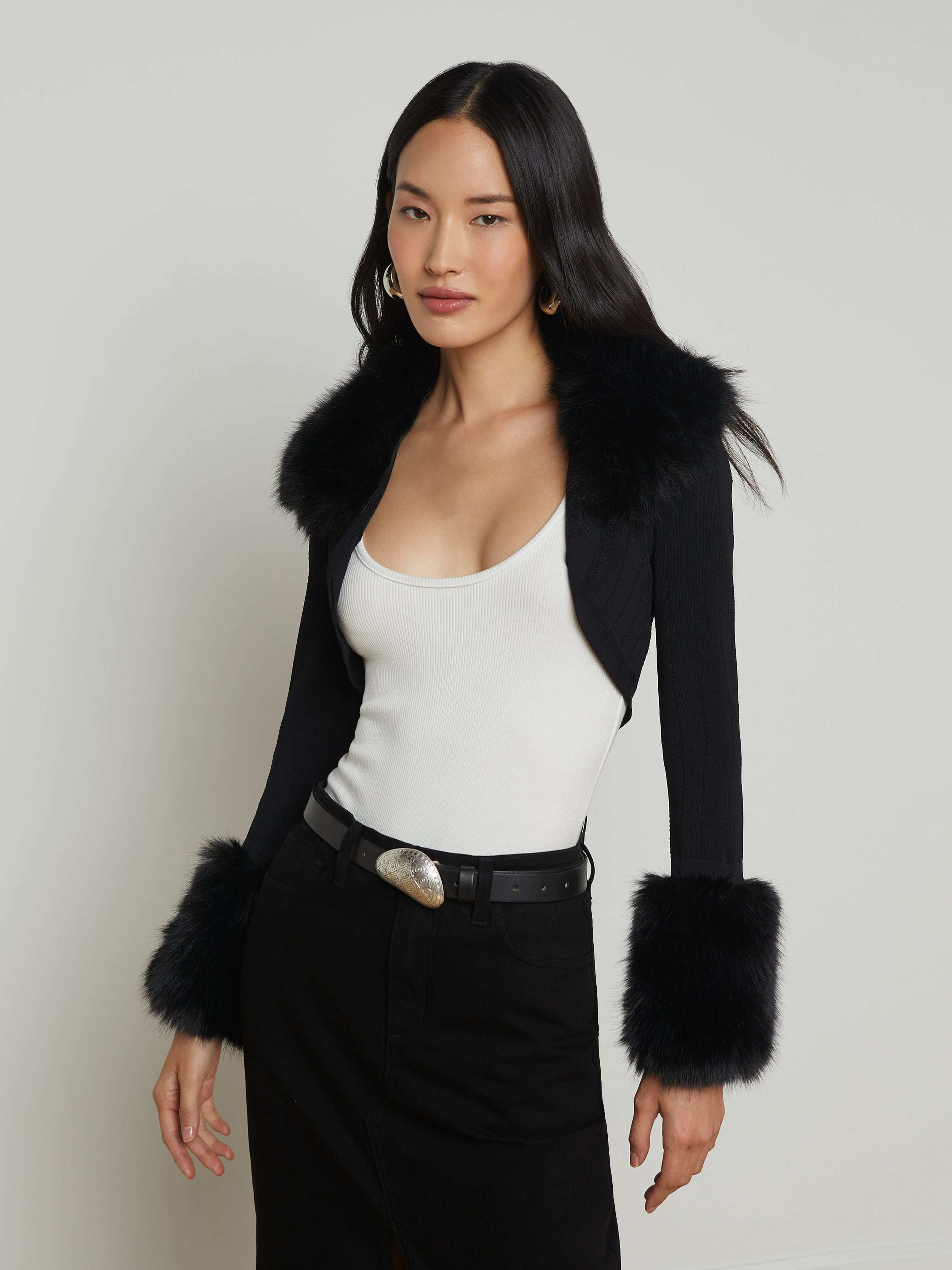 L'AGENCE - Haru Faux Fur Shrug in Black | L'Agence