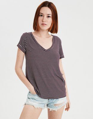 AE V-Neck Striped Favorite T-Shirt | American Eagle Outfitters (US & CA)