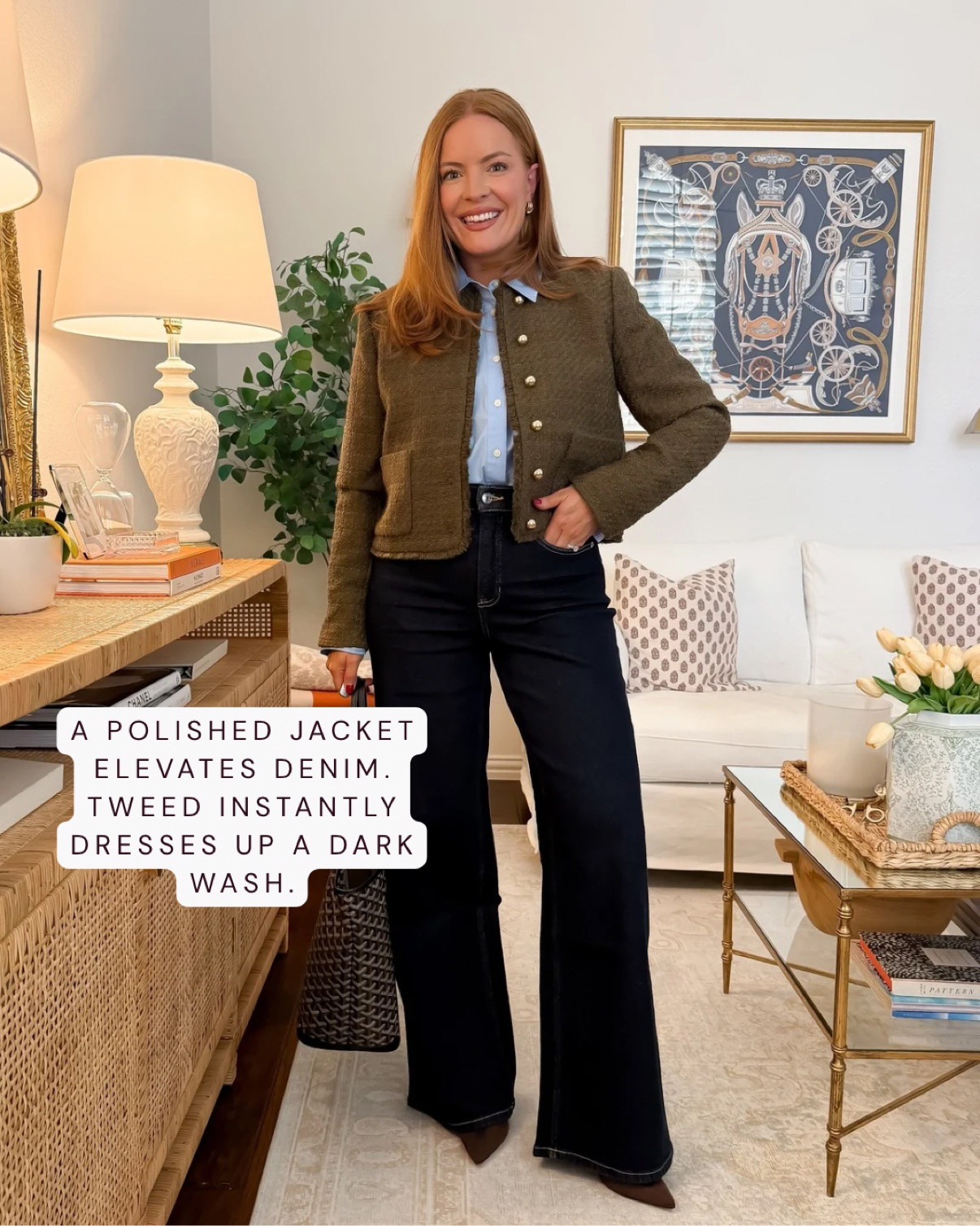 Wearing medium in jeans and 6 in the jacket — both true to size.
An easy way to elevate dark wash jeans for fall: swap your everyday topper for a polished tweed jacket. The textured tweed and gold buttons instantly dress up wide leg jeans, taking them from casual errands to dinner-ready. One of my favorite elevated casual fall outfits — comfortable denim, pulled-together on top.
#falljeansoutfits #tweedjacket #darkwashjeans #elevatedcasual #falloutfitideas