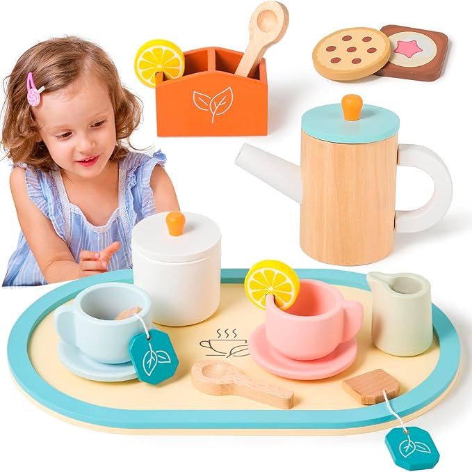 KMUYSL Wooden Toys for Kids, Wood Tea Set Pretend Toys for Little Girls, Tea Party Set Kids Kitch... | Amazon (US)