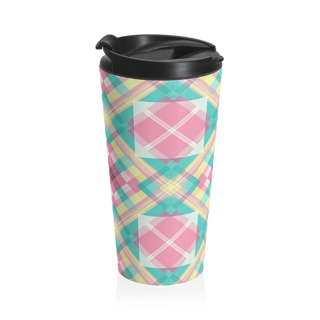 Plaid Stainless Steel Travel Mug, Stylish Pink Green Yellow White Pattern, Popular Design, Gift f... | Etsy (US)