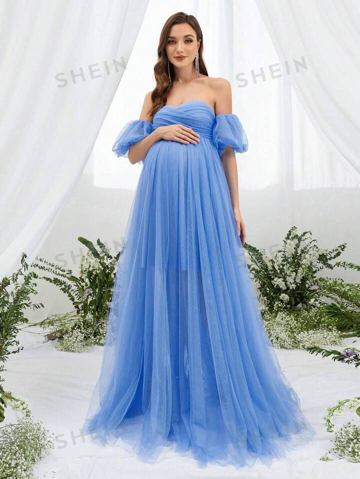 Maternity Off Shoulder Puff Sleeve Mesh Overlay Dress | SHEIN