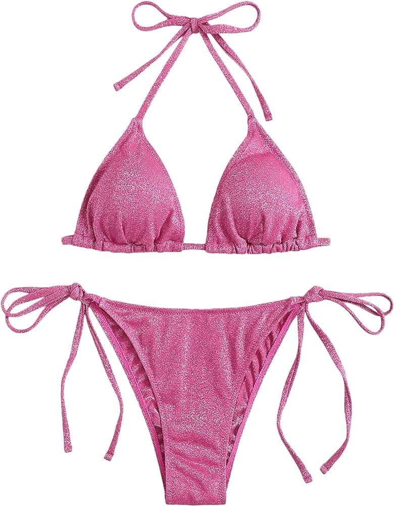 SheIn Women's 2 Piece Glitter Halter Triangle Bra and Tie Side Panty Bikini Swimsuit | Amazon (US)