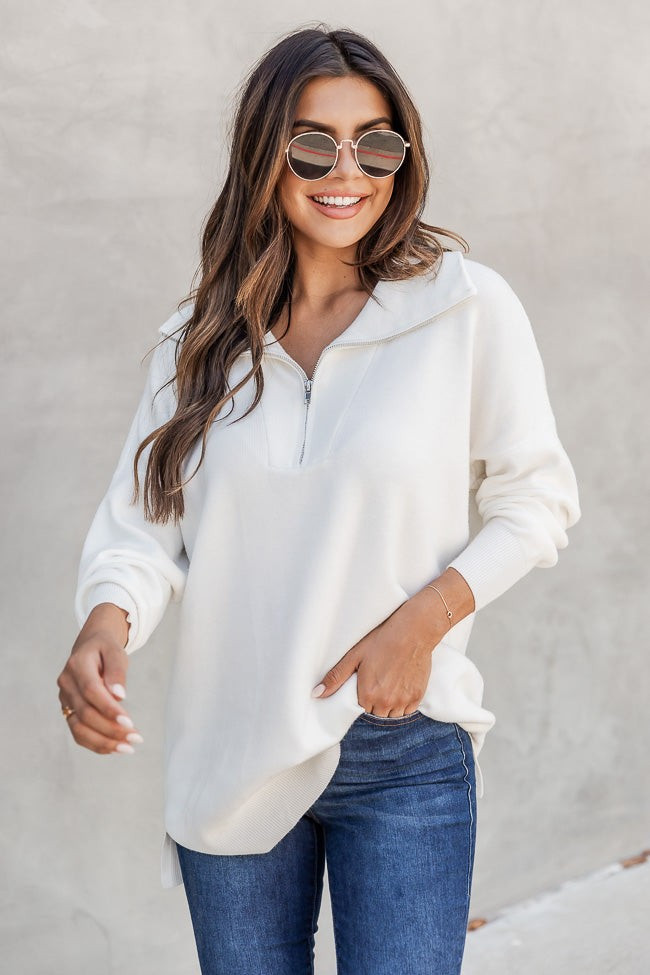 Pulling Heartstrings Ivory Quarter Zip Pullover | Pink Lily