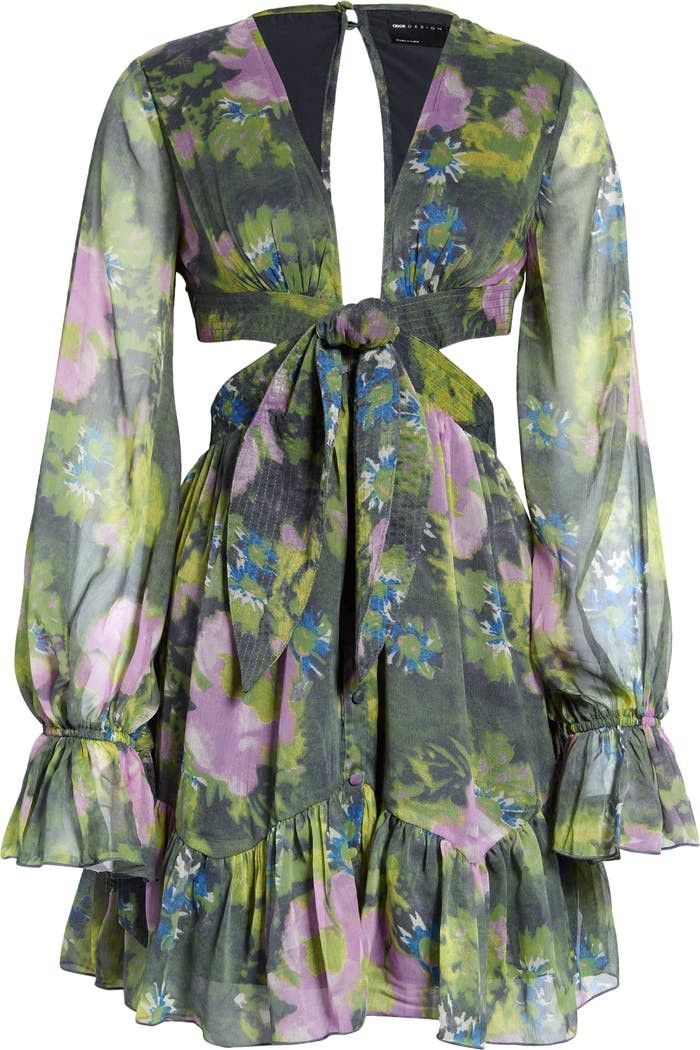 ASOS DESIGN Floral Print Cutout Long Sleeve Ruffle Dress Green Dress Dresses Floral Dress  | Nordstrom