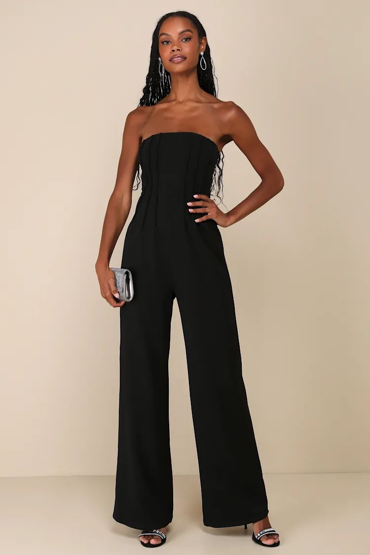 Stylish Composure Black Strapless Pintuck Wide-Leg Jumpsuit | Lulus