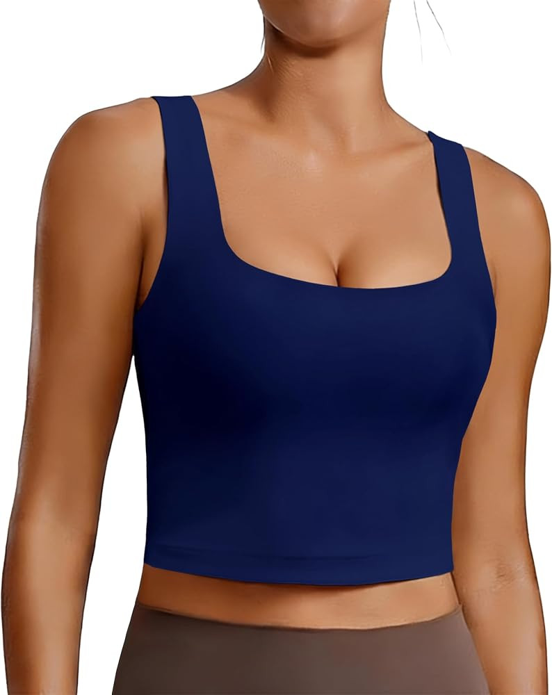 PINSPARK Sports Bra for Women Square Neck Longline Tank Top with Built in Bra | Amazon (US)