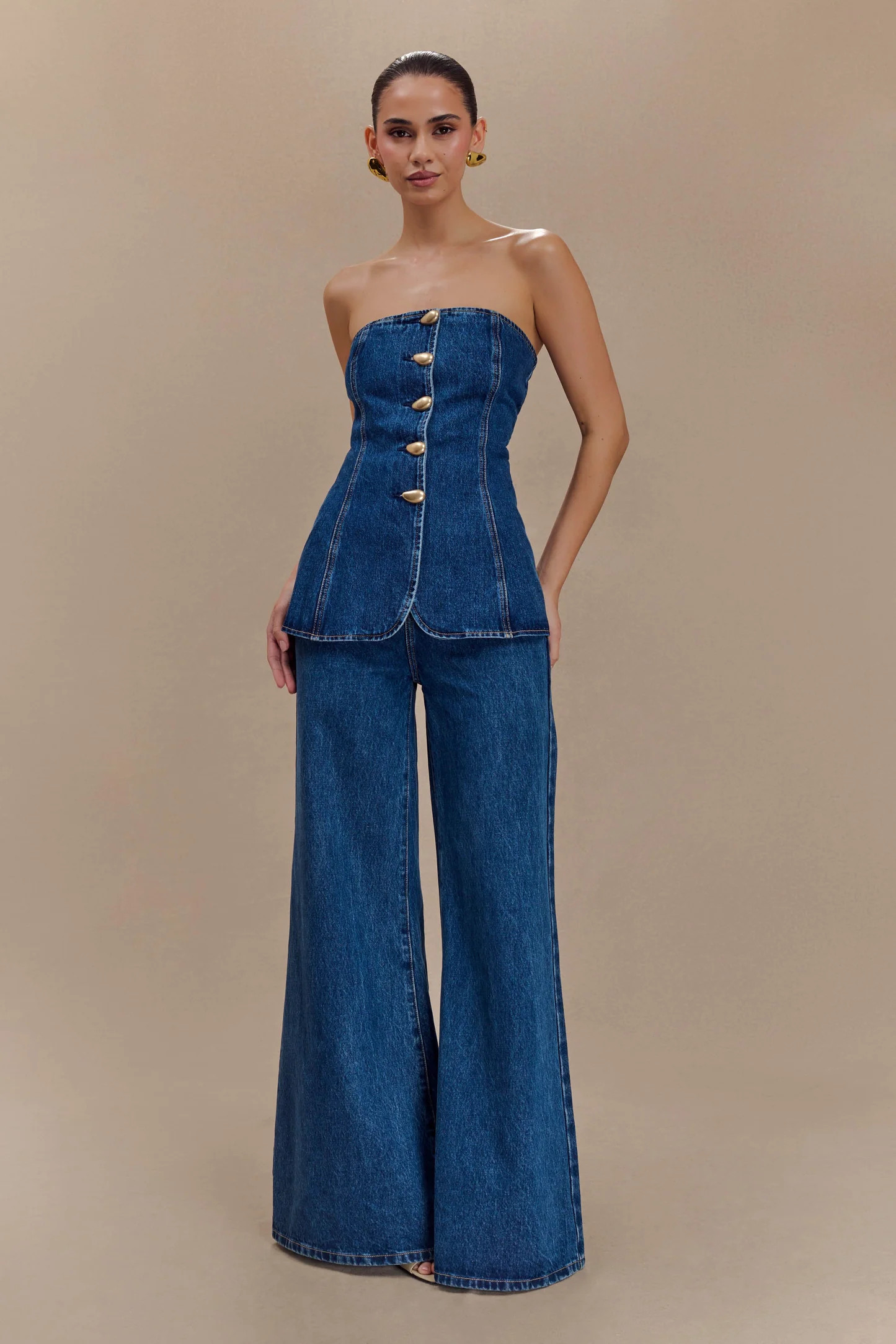 Wide Leg Flare Denim Jeans - Dark Blue | MESHKI US