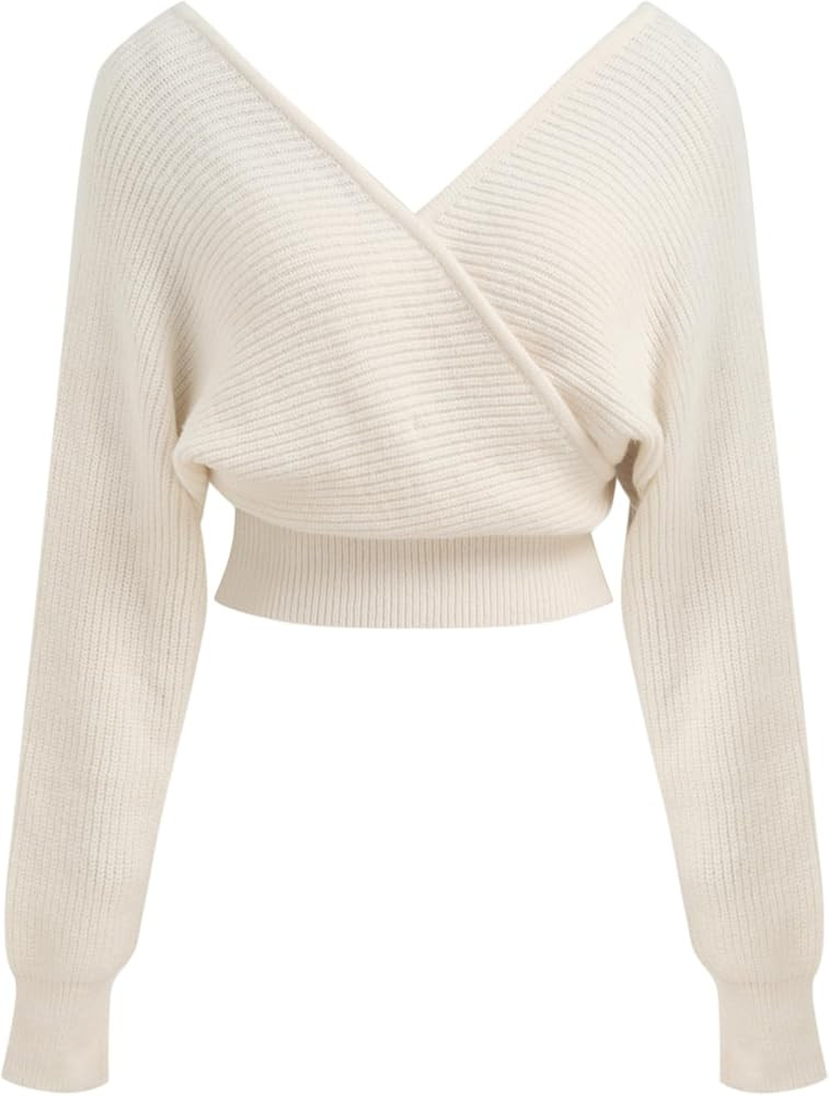 CIDER Cropped Sweaters for Women V Neck Wrap Cross Front Solid Knit Pullover Long Sleeve Tops | Amazon (US)