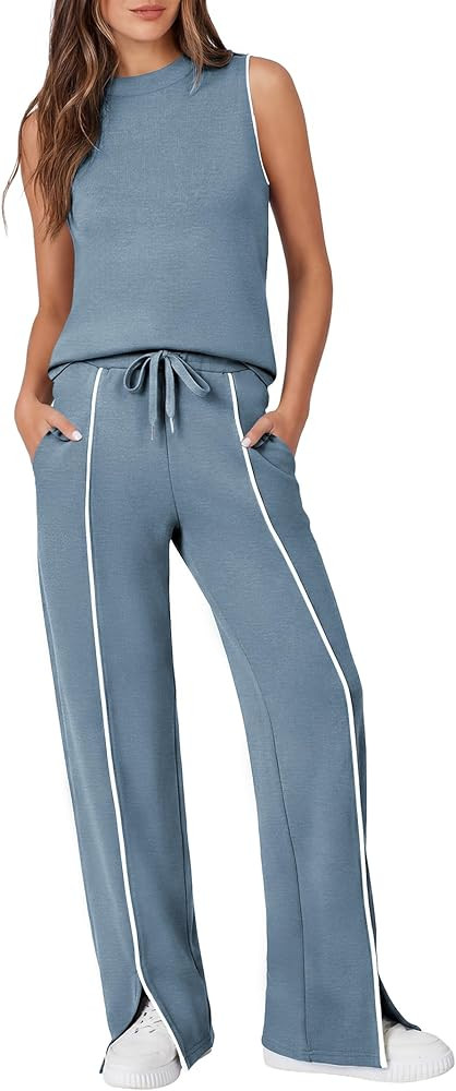 Casly Lamiit Two Piece Set for Women Summer Outfits Mock Neck Sleeveless Tank Top Wide Leg Pants ... | Amazon (US)