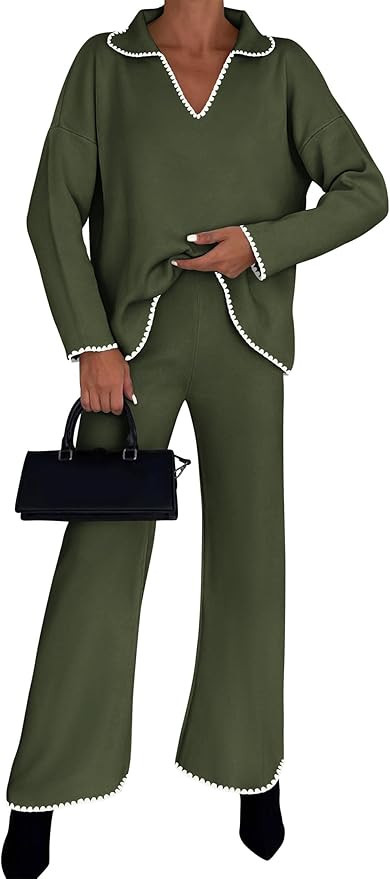 KIRUNDO 2 Piece Lounge Set Women Sweater Sets Fall Winter Loose Long Sleeve V Neck Pullover Wide ... | Amazon (US)