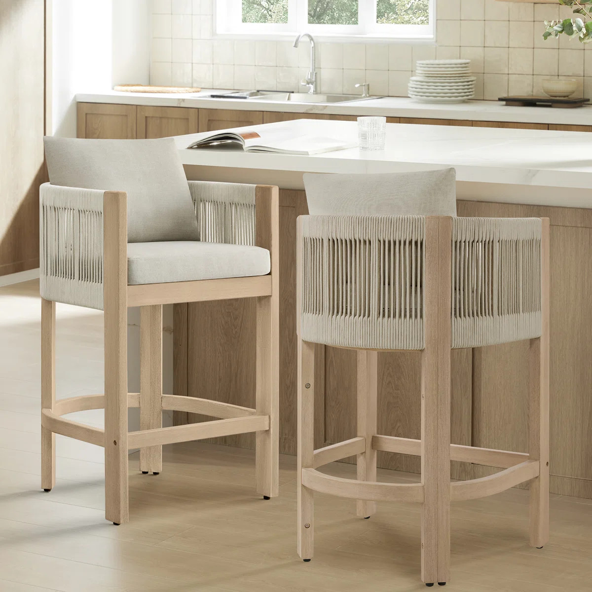 27'' Acacia Wood & Rope-Woven Counter Stool Suitable For Indoor & Outdoor (Set of 2) | Wayfair North America