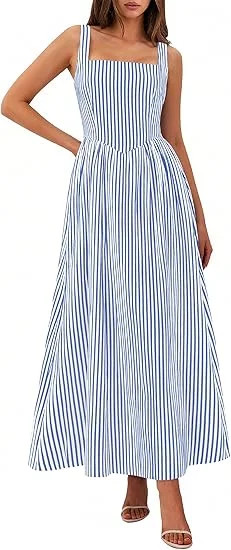 PRETTYGARDEN Women's Maxi Striped Dress Summer Sleeveless Square Neck Smocked A Line Long Flowy S... | Walmart (US)