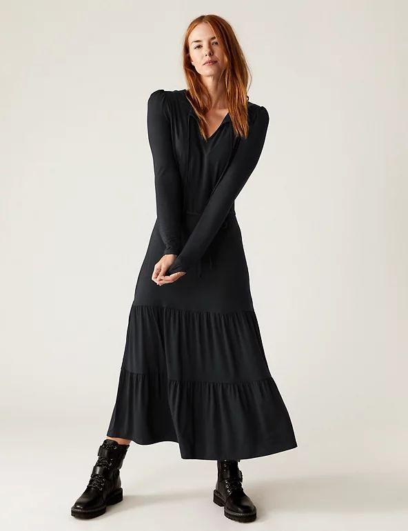 Jersey Tie Neck Belted Midaxi Tiered Dress | M&S Collection | M&S | Marks & Spencer (UK)