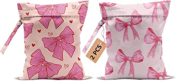 2Pcs Pink Bow Wet Bags 12x10 Inch, Heart Waterproof Travel Laundry Bags, Washable Reusable Wet Dr... | Amazon (US)