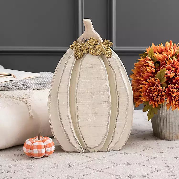 Cream Wood Pumpkin with Metal Leaves, 20 in. | Kirkland's Home