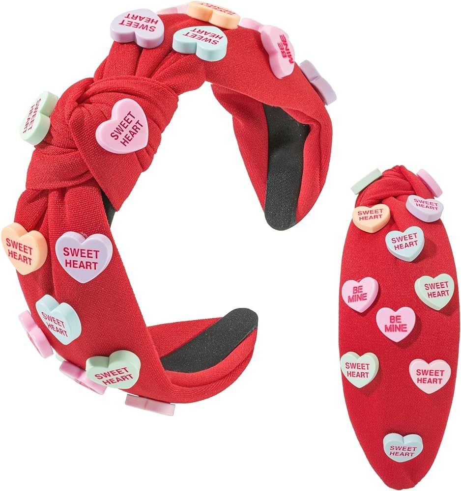 Valentine's Day Heart Candy Embellished Red Headband Conversation Love Heart Charm Knotted Headba... | Amazon (US)