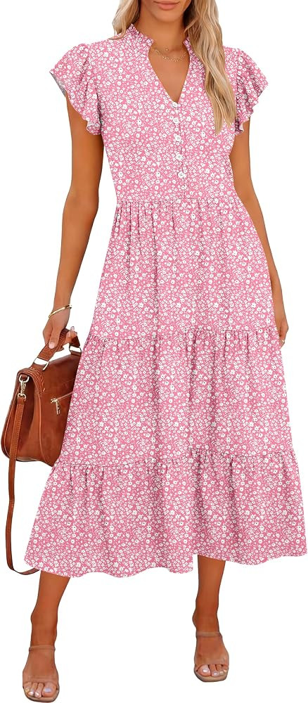 Caracilia Women Summer Casual V Neck Button Down Ruffle Sleeve Midi Dresses 2026 Fashion Flowy Ti... | Amazon (US)