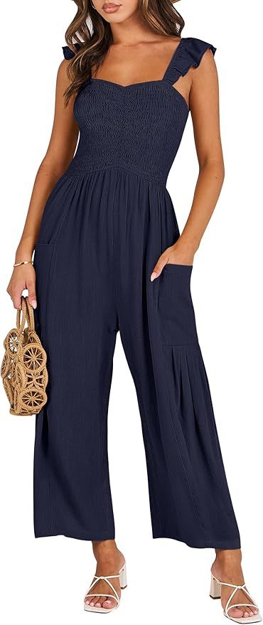 ANRABESS Women Summer Casual Dressy Sleeveless Smocked Wide Leg Linen Jumpsuits Rompers Outfits w... | Amazon (US)
