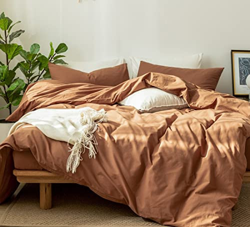 MooMee Bedding Duvet Cover Set 100% Washed Cotton Linen Like Textured Breathable Durable Soft Comfy (Dark Orange, Twin) | Amazon (US)