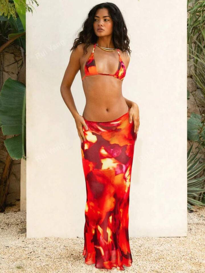 Women Printed Sexy Bikini Set Three-Piece With Straps, Sweet Beach Leisure Resort Bikini Set Summ... | SHEIN