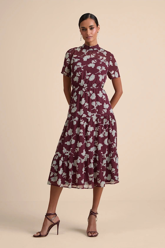 Floral Dressed Up Burgundy Floral Print Midi Dress | Lulus
