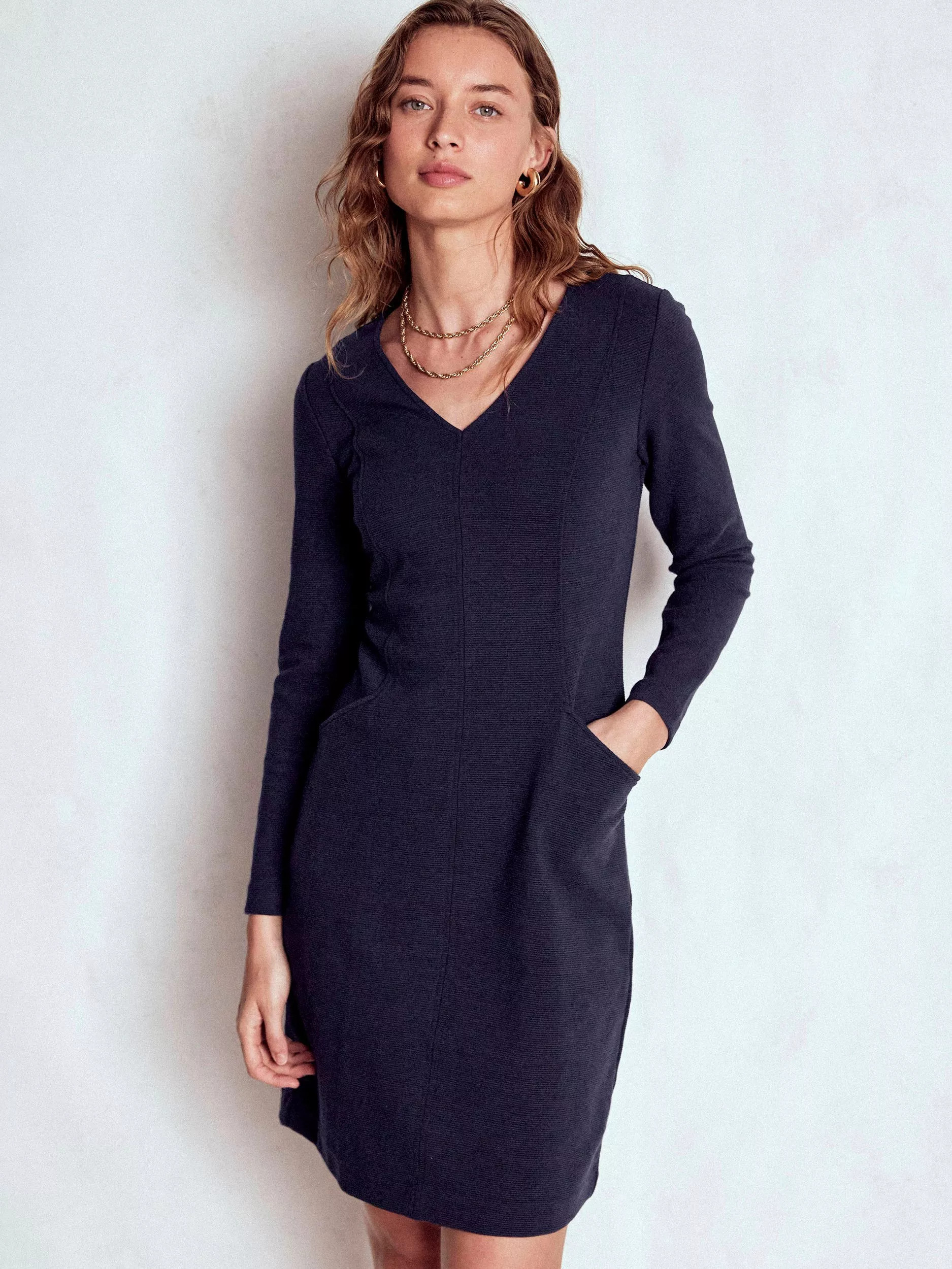 Boden Ellen V-Neck Ottoman Dress, Navy | John Lewis (UK)